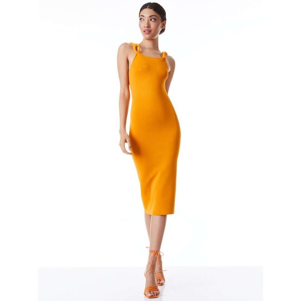 ALICE & OLIVIA - ALINA MIDI DRESS WITH CORD STRAPS SIZE SMALL IN COLOR TANGERINE